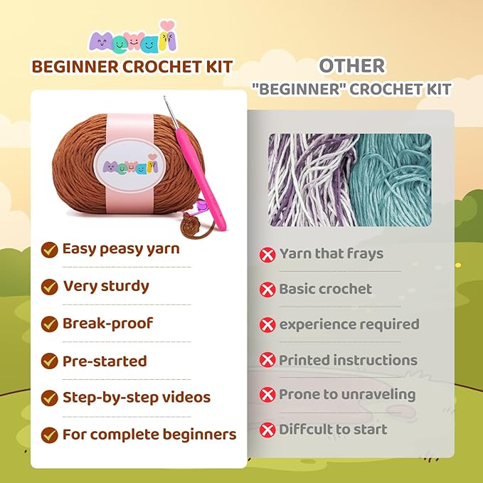 Mewaii Beginner Crochet Kit with 40% Extra Yarn, Pre-Started Yarn & Video Tutorials - 3 Highland Cows Craft Set for Adults & Kids