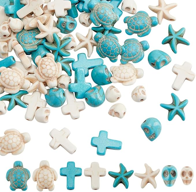 arricraft 90 Pcs Assorted Synthetic Turquoise Beads, 8 Styles Ocean Animal Spacer Beads Loose Skull Beads Starfish Beads Sea Turtle Beads Cross Beads for Bracelets Earrings DIY Jewelry Making