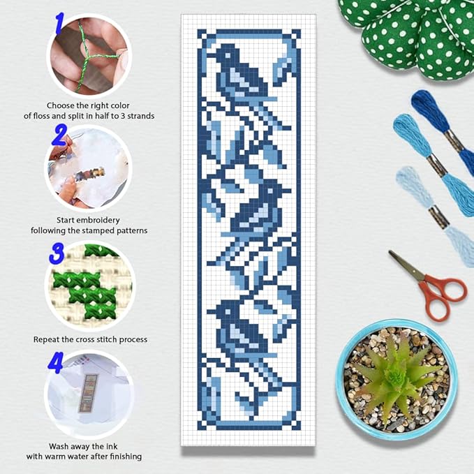 BEUNITONE Cross Stitch Bookmark Kit 6 Pcs Watercolor DIY Bookmarks Cross Stitch Kits for Beginners Birds Flower Stamped Embroidery Bookmark with Landscape Patterns Craft Kit for Gifts 8''x2.4''
