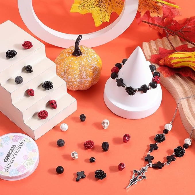 SUNNYCLUE 203Pcs Halloween Skull Beads Skeleton Charms Bulk Natural Lava Rock Synthetic Turquoise Black Stone Cross Flower Rose Spacer Beads for Jewelry Making Bracelets Necklaces DIY Crafts