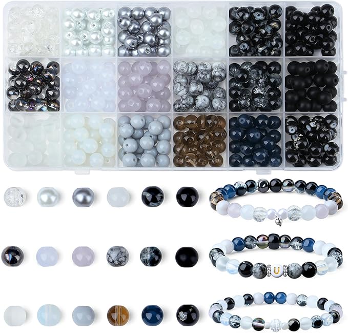 DUQGUHO 8mm Black Beads for Bracelets Black and White Glass Beads for Jewelry Making Glass Round Bead Necklaces DIY Crafts Kit 360PCS