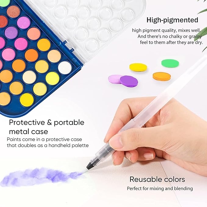 Watercolor Paint Set, 48 Colors Non toxic Watercolor Paint with a Brush Refillable a Water Brush Pen and Palette, Washable Water Color Paints Sets for Adults Artist Beginner