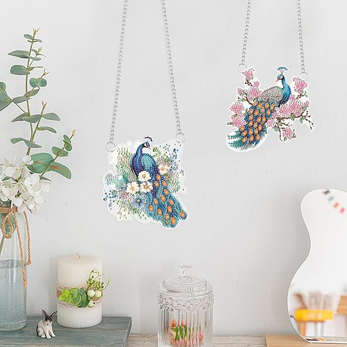 JISHSHAY 2 PCS Diamond Painting Pendant DIY Peacock Peafowl Diamond Art Wind Chimes Special Shaped Crystal Crystal Suncatcher Diamond Art Ornaments Diamond Painting Hanging for Garden Wall Door Window