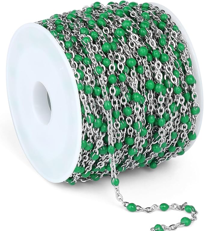 33 Feet Stainless Steel Enamel Chains Bulk, 2mm 304 Stainless Steel Green Enamel Beaded Cable Link Chain Roll Spool for Jewelry Making