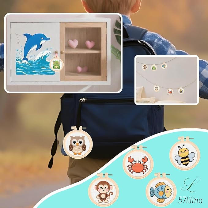 57lilina Cross Stitch Kits for Kids - 6 Set Easy Beginners Embroidery Kit for Kids, DIY Cute Pre Printed Stamped Crossstitch Needlepoint Patterns Craft for Backpack Charms, Keychains & Girls Gifts