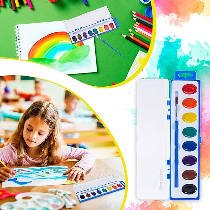 Watercolor Paint Set - 8 Classic Washable Paint Colors with Paint Brush - Non-Toxic Water Color Paint Sets For Kids & Adults - Ideal for Art, Crafts & School Supplies (Pack of 2)