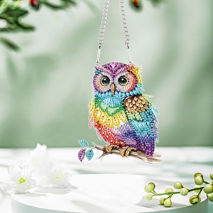 Animal Colorful Owl DIY Diamond Painting Pendant Kit - Acrylic Rhinestone Round Diamond Art, Special Shaped Window & Wall Hanging Decoration for Home & Garden Gift