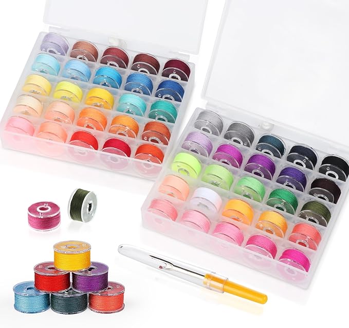 ilauke 50Pcs Bobbins Sewing Thread with Case, SizeA Class15 Prewound Sewing Bobbins for Sewing Machine, 50Colors Polyester Sewing Threads Compatible for Brother/Singer/Babylock/Janome Machine