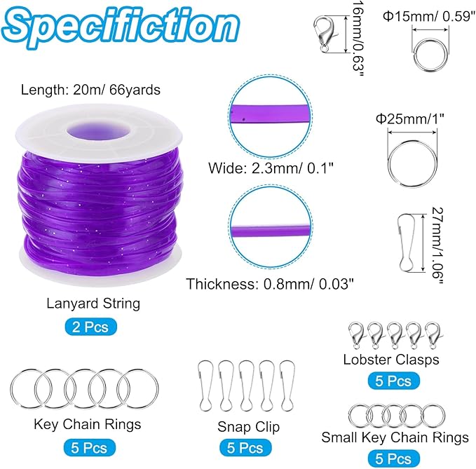 PATIKIL Lanyard String Kit, 2 Rolls Glitters Plastic Lacing Cord Gimp String Lanyard Weaving Kit with Lanyards Accessories for Jewelry Making DIY Crafts, Bracelets, Keychains, Purple