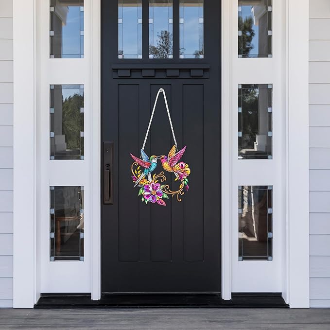 Lxmsja DIY Colorful Hummingbirds Diamond Painting Hanging Ornament, Double-Sided Acrylic Bright Flowers Diamond Art Kit, Special Shaped Suncatcher Hanging Pendant Window Art Kit 8x8 inch