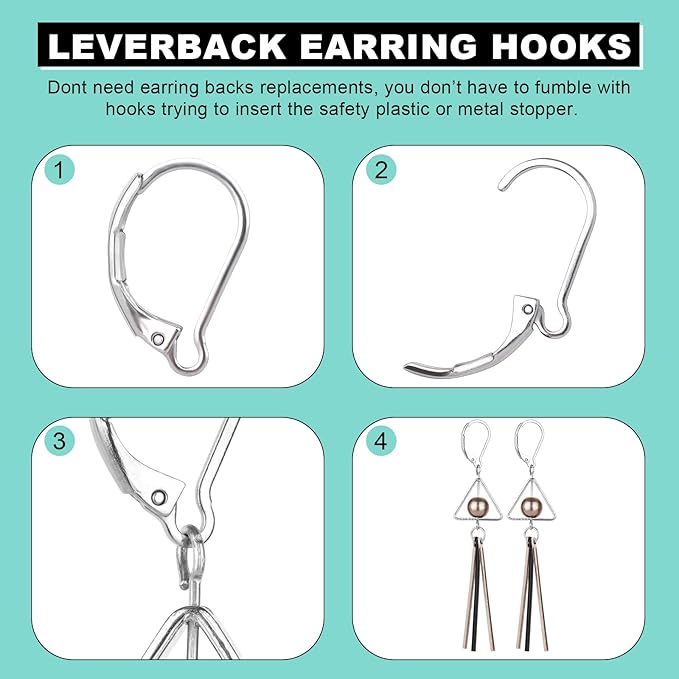 50pcs stainless steel lever back earring clasps, leverback french earring hooks, hypoallergenic ear wire findings for making dangles earrings, smooth to open & close, 10x16mm for jewelry making