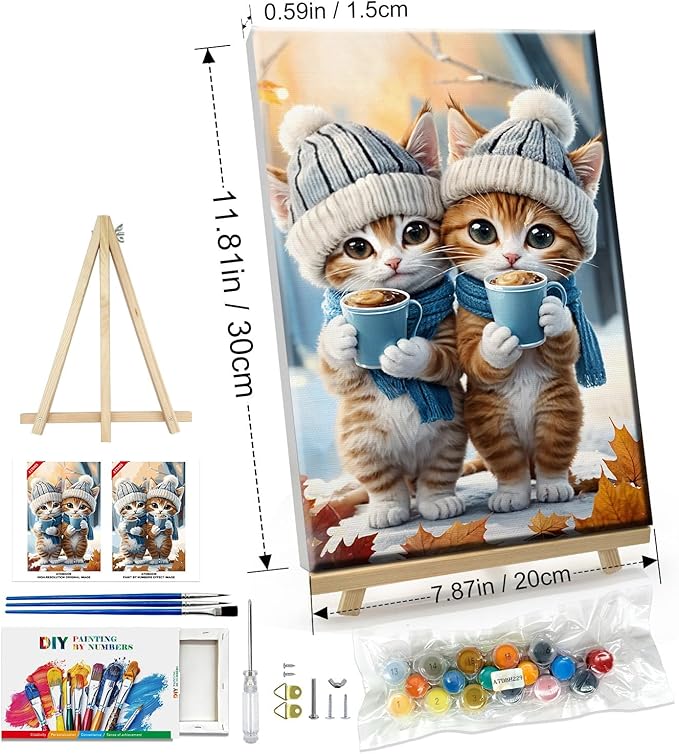 ATDMS Paint by Numbers Kits for Adults DIY Cute Cats Paint by Number with Frame Paint by Number with Easel for Wall Hanging Home Room Decor 7.87x11.81 inch