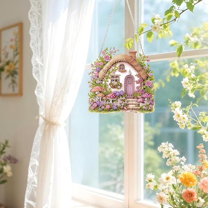 Lxmsja DIY Fairy Cottage Diamond Painting Hanging Ornament, Double-Sided Acrylic Flowers Mushrooms Diamond Art Kit, Special Shaped Suncatcher Hanging Pendant Window Art Kit