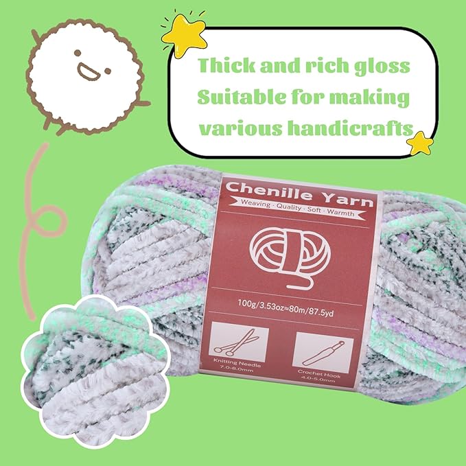 LUNARM Chenille Yarn for Crocheting Knitting, 3 Skein 10.58 oz / 263 Yard Thick Soft Chunky Fluffy Weaving Plush Yarn for Blankets Clothes Pattern with Big Eye Needles(Gray Green Gradient)