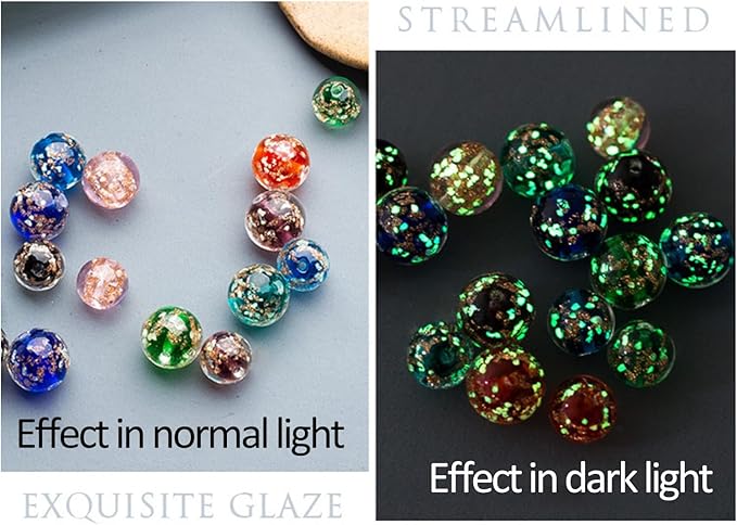 8mm 200pcs Glow in The Dark Glass Beads with Holes for Jewelry Making Bracelets Earrings Necklace Bulk Lampwork Solar Unique DIY Crafts Gold Spacer Beads Kit(100pcs Beads+100pcs Spacer)