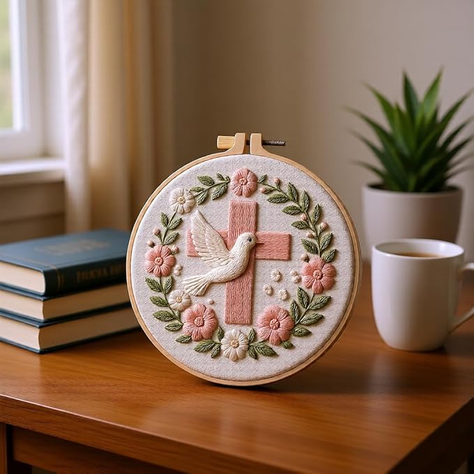 JJFox Embroidery Kit for Beginners and Adults, DIY Hand Embroidery Starter Kit with Cute Pattern, Cross Stitch Needlepoint Set with Hoop, Threads and Instructions (Cross)