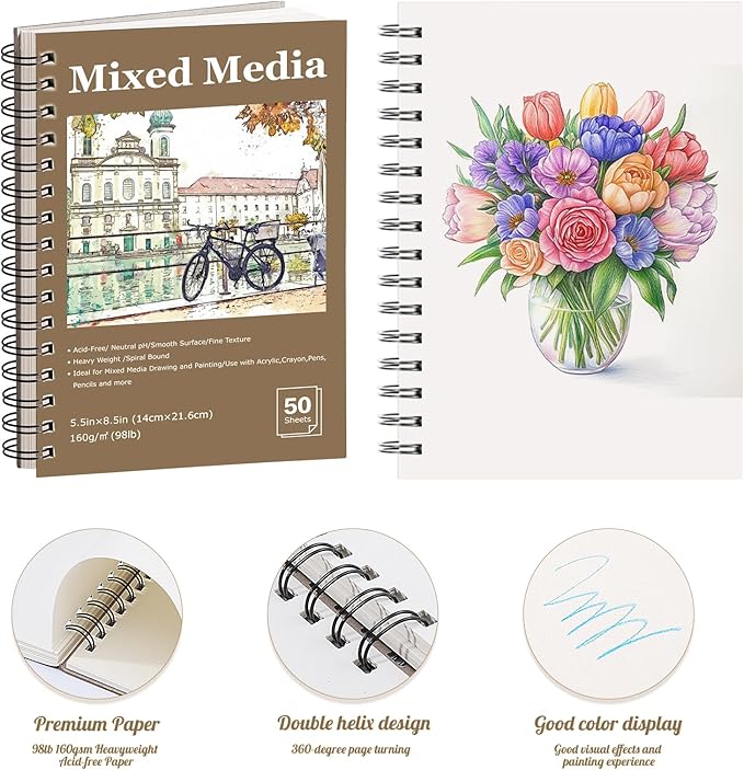 4 Pack Mixed Media Sketchbook, 5.5x8.5 inches Drawing Paper Sketch Book, 98lb/160gsm Heavyweight Spiral Bound Sketch Pads, Suitable for Artist, Drawing, Painting, Sketching(200 Sheets)