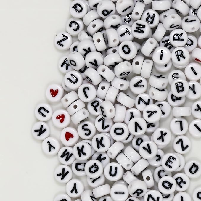 1450Pcs Letter Beads, Acrylic 4x7mm Round Letter Beads Kits, Alphabet Beads A-Z and Red Heart Black Star Beads for Bracelets Necklaces DIY Jewelry Making (White)