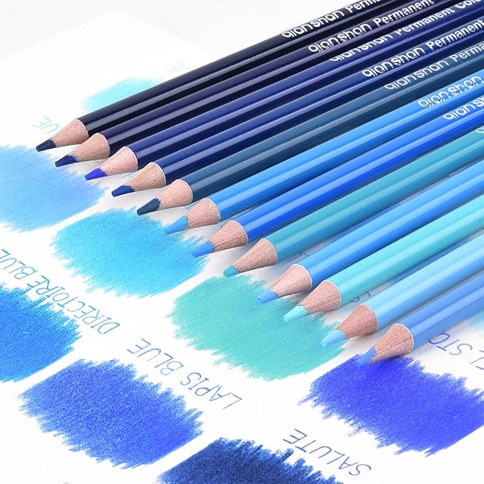 qianshan 12 Blue Colored Pencils Oil Based Pre-sharpened Wooden Colored Pencil Set for Adults Coloring Books Drawing Sketching Art Supplies, No Duplicates