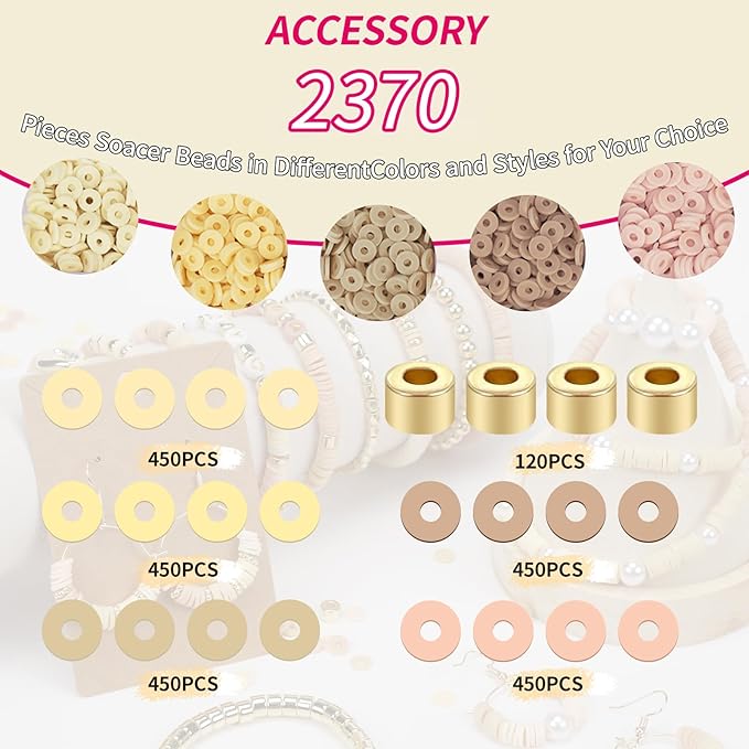 2370pcs Clay Beads for Bracelets Making, 6 Color Coffee Heishi Beads Polymer Clay Beads for Jewelry Making Supplies Charm, Friendship Bracelet Making Kit for Girl Women Adults (Neutral)
