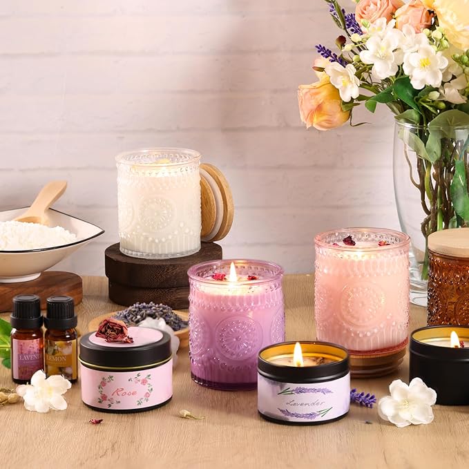 DARJEN Candle Making Kits - Soy Candles Making Supplies for Adults Including 4 Candle Jars(Clear, Pink, Amber, Purple), Candle Tins, Wax, Scents, Dried Flower & More, DIY Arts & Crafts Kits Home Decor