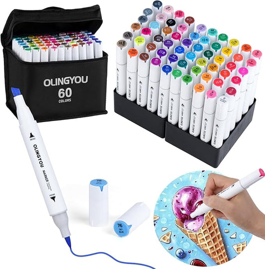 60 Colors Alcohol Markers with Base Dual Tip Drawing Markers for Comics Coloring Sketching Illustration,