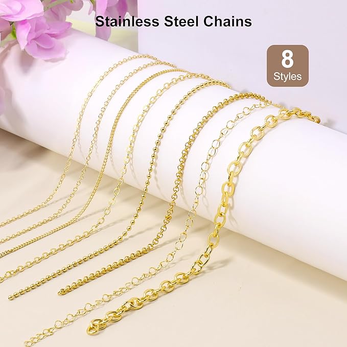 PP OPOUNT Gold Necklace Chains for Jewelry Making, 62.3 Feet 8 Rolls Chain for Jewelry Making DIY Necklace Bracelet Belt Earrings with Open Jump Rings & Lobster Clasps