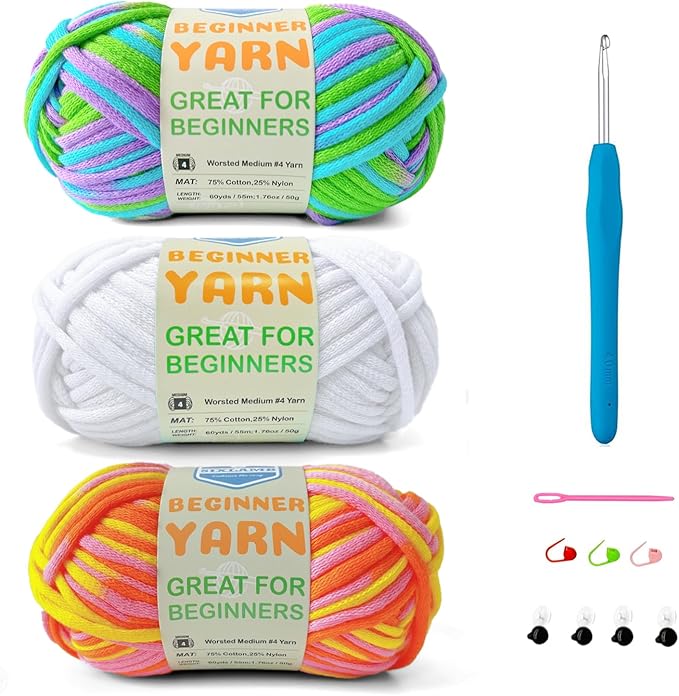 3 * 50g/1.76oz Yarn for Crocheting and Knitting, 3 * 60yds Beginner Yarn with Easy-to-See Stitches; Worsted-Weight Medium #4;Amigurumi-Friendly Crochet Kit (Dawn+Ocean+White)