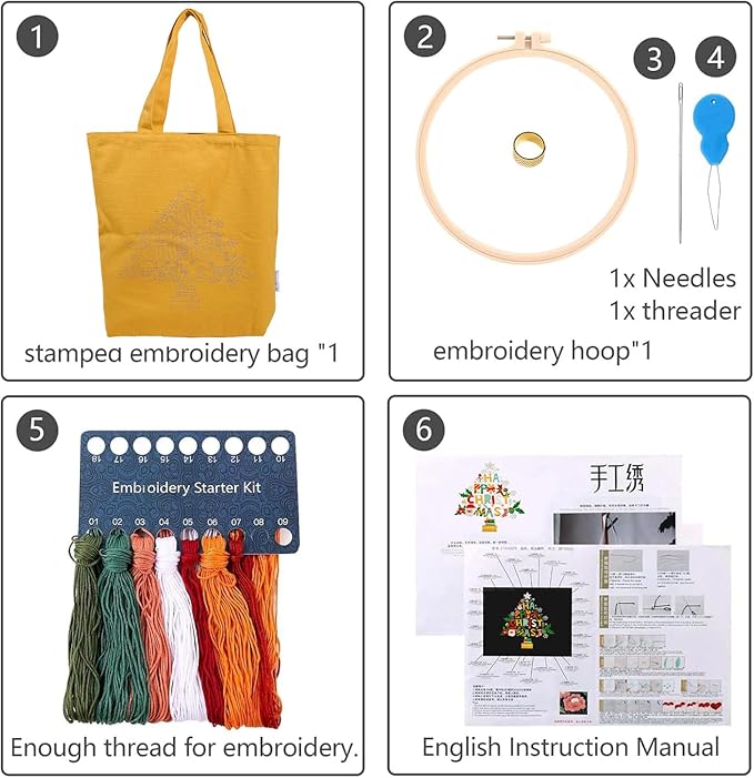 CREAWONDER Canvas Tote Bag Embroidery Kit with Pattern for Beginners, Arts and DIY Embroidery Crafts Kits for Adults, Include Instructions, Thimble, Embroidery Hoops, Color Threads and Tool