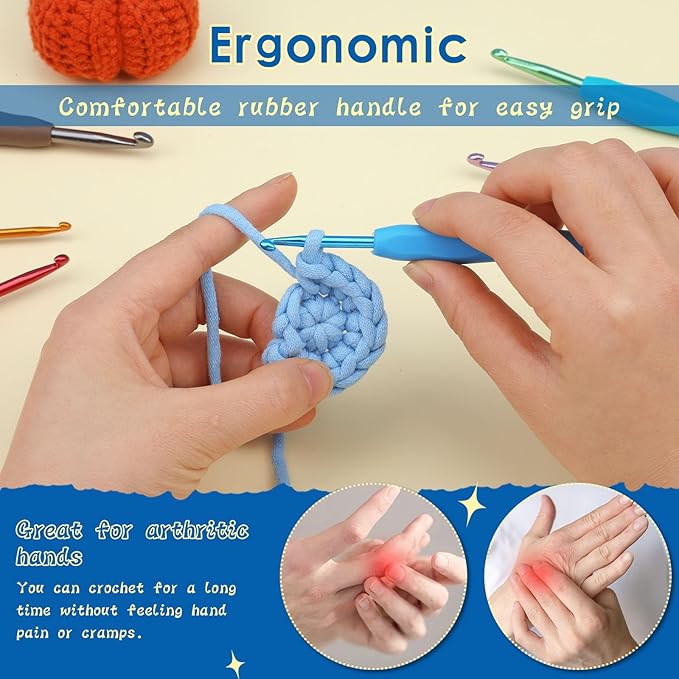 Pnytty 109pcs Crochet Hooks Kit Include 9pcs Ergonomic Crochet Hooks, 50g Premium Polyester Fiber Fill, Plastic Eyes, Noses, Crochet Tool Kit for Arthritic Hand Knitting Craft Handmade Crochet Project