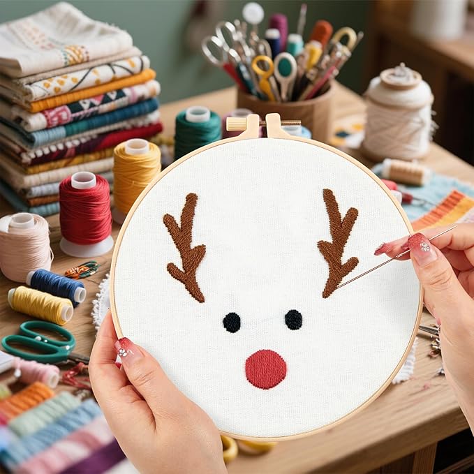 Christmas Embroidery Kits for Beginners Adults, Cute Embroidery Christmas Ornament Kits, Xmas Cross Stitch Kits for Beginners Craft Kits for Adults Women, 2 Sets Embroidery Hoops & Video Tutorial