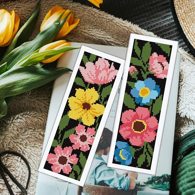 ORIGACH 6 Set Dark Background Flower Cross Stitch Bookmark Kit for Beginners Stamped Embroidery Kit Include Backing Felt and Instruction Beginner Cross Stitch Kits for Adults, Book Lovers