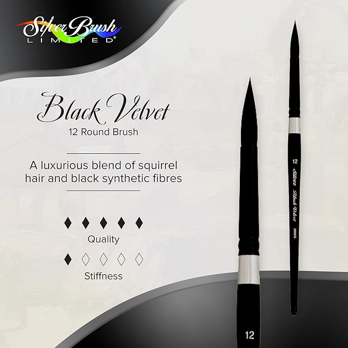 Silver Brush Limited 3000S-12 Black Velvet Round Paintbrush for Watercolor, Gouache, Inks, & Dyes, Size 12, Short Handle