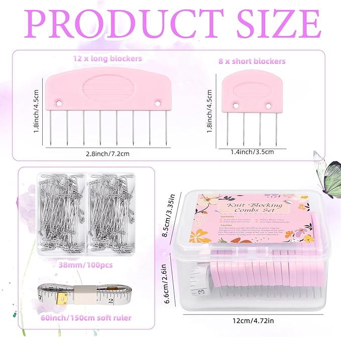 120 Pcs Knit Blocking Combs and Pins Set, 20 Pcs Pink Color Knit Blockers Pins Kit, 100 T-pins for Blocking Knitting Crochet, Needlework Projects, Knitting Blocker Pins Tool for Blocking Mats