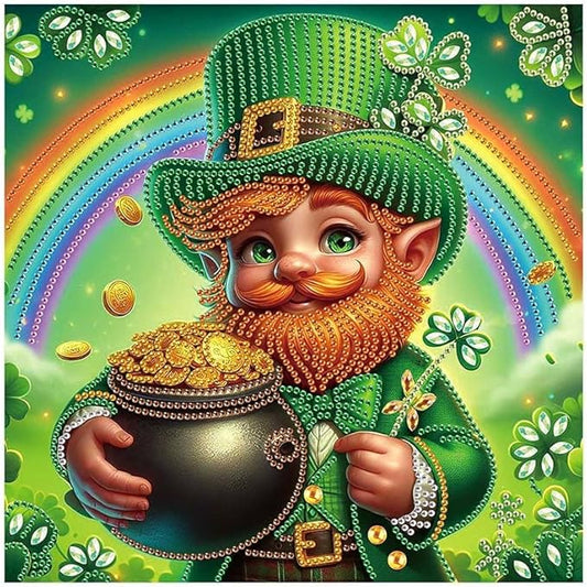 MVVMTOP Diamond Painting Kit St Patrick’s Day Dwarf and Rainbow Shamrock Lucky Coins Special Shaped 5D Partial Crystal Diamond Art DIY Wall Decor Gift