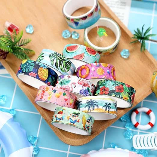 12 Rolls Summer Washi Tape Set, Hawaii Beach Holiday Decorative Tape Flamingo Tropical Fruits Leaves Watermelon Watercolor Masking Tape for Journaling Supplies,Gift Wrapping, DIY Art & Crafts
