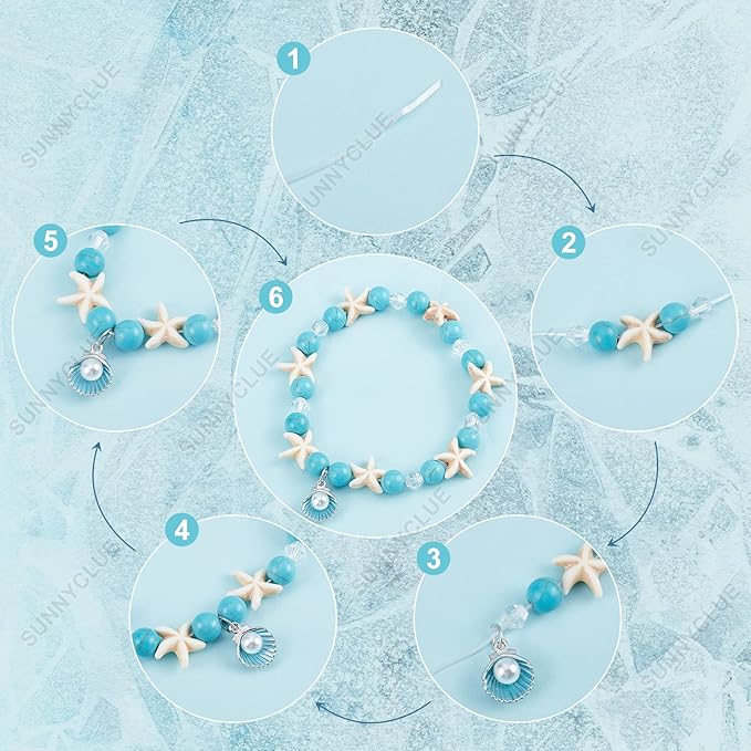 SUNNYCLUE 1 Box 6 Pcs Boho Style 8mm Summer Ocean Turtle Beads Adjustable Beading Bracelet Making Kit Synthetic Turquoise Starfish Beads for Jewelry Making Sea Shell Charms Alloy Starfish Charm
