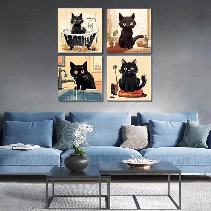 Funny Black Cat Paint by Numbers Kit for Adults Beginners, 4 Pack Cute Cat Easy Framed Adults Paint by Numbers Kits, DIY Black Cat Acrylic Oil Painting Number Kits for Home Wall Decor (8 x 8 Inch)
