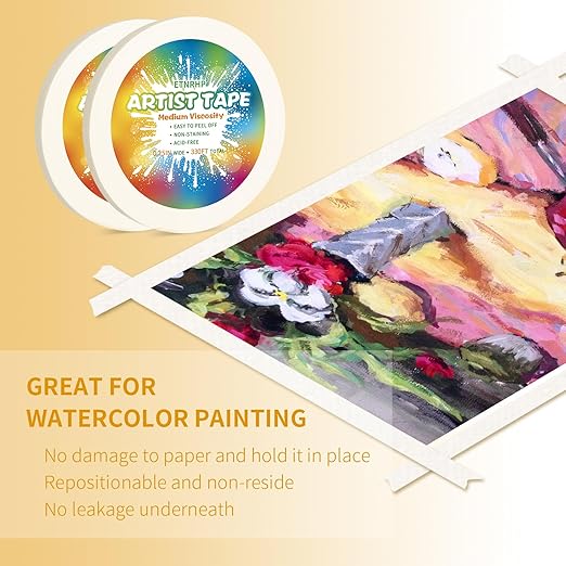 2 Packs White Art Tape Medium Tack Artist Masking Tape Paper Acid Free Tape Watercolor Painters Tape Artists Tape for Drafting Art Watercolor Painting Canvas Framing, 0.25 inch Wide 330FT Long