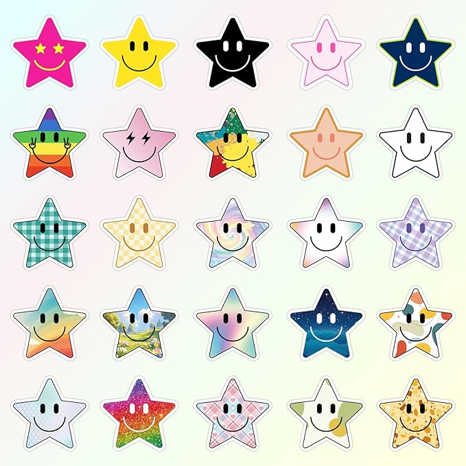 wercokt 50pcs smiling star stickers, cute water bottle stickers for kids, for teaching rewards, notebooks, stationery, luggage, cartoon pvc happy stickers