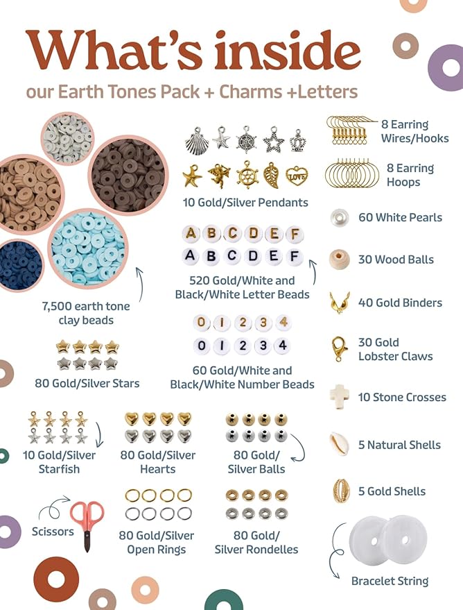 Box-O-Beads Earth Tones Clay Beads Bracelet Making Kit with 8,550 Pieces - Friendship Bracelet Kit with 36 Earth Tone Colors and Charms - DIY Jewelry for Girls and Adults