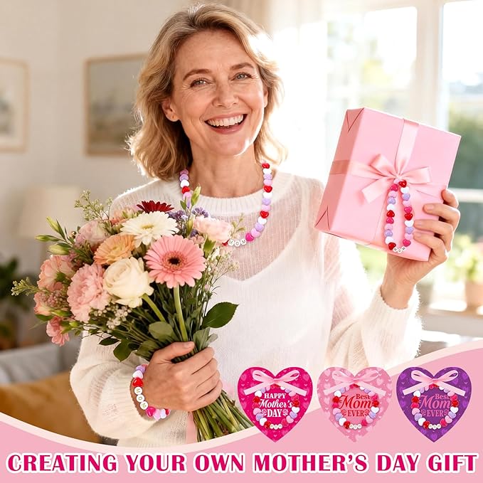 Kigeli Mother's Day Heart-Shaped Card Set for Crafters - DIY Gifts, Card Making, Jewelry, Personalized Presents - Includes 24 Cards, 600 Beads, Organza Bags, Elastic Thread & mom Beads