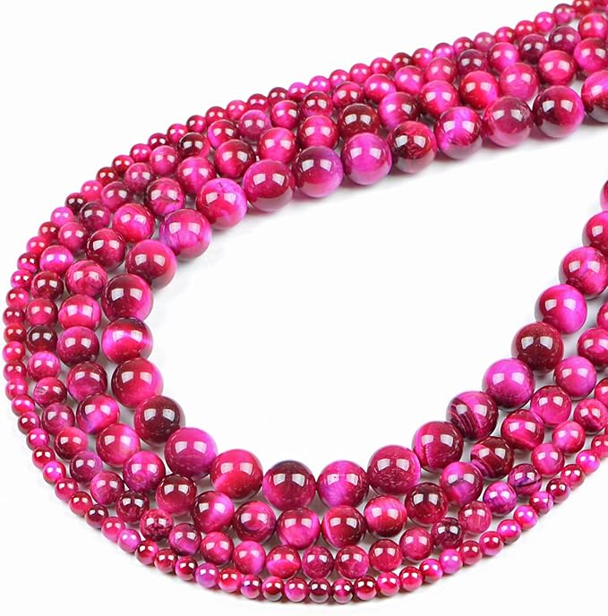 bymitel 90pcs crystal beads stone gemstone round energy healing loose beads with stretch cord for jewelry making bracelets anklets (light fuchsia tiger's eye, 10mm 90pcs)