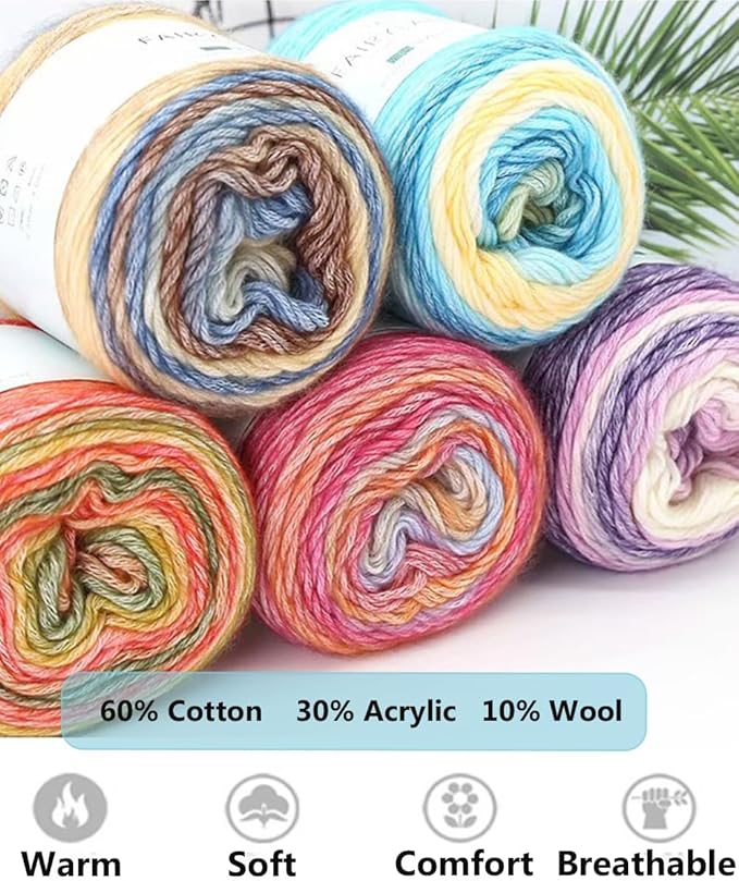 Yarn for Crocheting-Gradient Cake Yarn Ombré with Vibrant Colors-4x100g 60% Cotton 30% Acrylic 10% Wool,Colorful Soft Rainbow Cotton Perfect for Shawls,Scarves,Sweater and Blanket