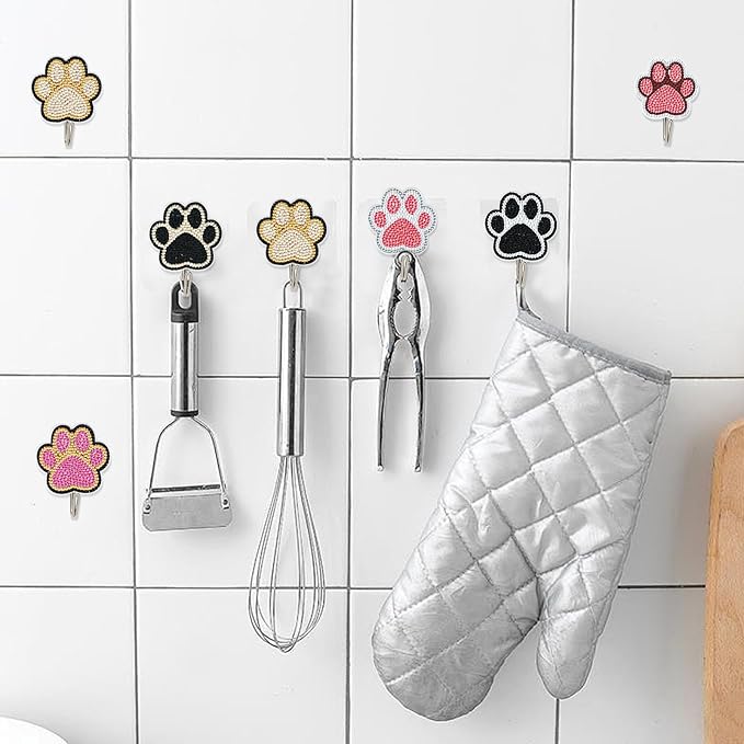 antor 8 Pack Pet Paw Diamond Painting Hooks – DIY Rhinestone Art Wall Hangers, Cute Animal Paw Design Adhesive Hooks for Keys, Towels, Bags, Home Entryway Kitchen Bathroom Decor