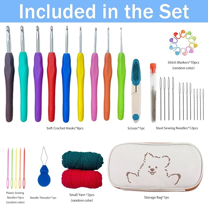 Crochet Hooks,Crochet Hook Set with Case Yarn Accessories,Ergonomic Crochet Hooks with Soft Grip Handles,9 Sizes from 2mm-6mm,Crochet Kit for Beginners DIY Dolls Bags Clothes Blanket(Sloppy Bear)