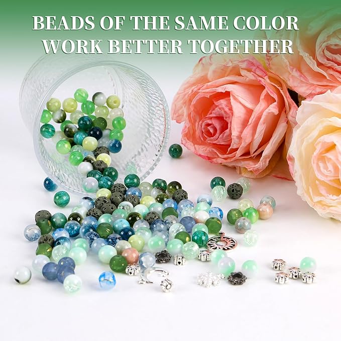 Tunmiok Glass Beads for Jewelry Making Kit with Metal Charms & Crystal String - Includes Spacers, Flower Holders - Bracelet kit, Necklace, Earring Set Supplies for Adults (Green)