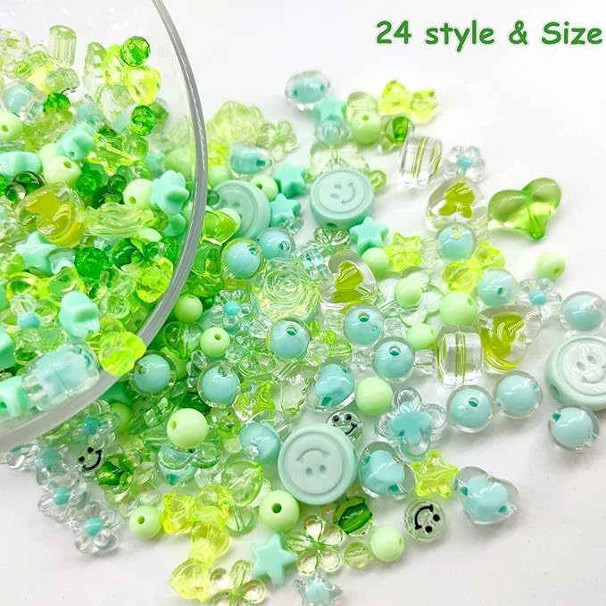 450pcs Acrylic Green Assorted Beads: Flower, Heart, Star, Butterfly, Smile Face, Mickey, Pastel; Bulk for Bracelets, Jewelry Making, Phone Charm Crafts