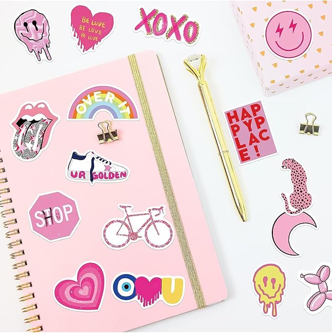 102 pcs preppy stickers vinyl aesthetic waterproof stickers adorable decor supplies pink party suitable for mobile phone computer skateboard water bottle suitcase car etc
