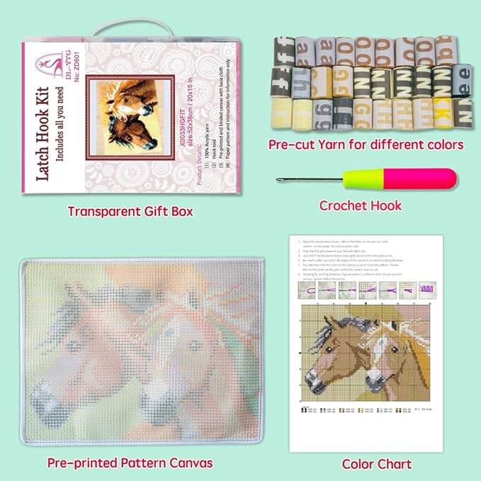 DL-YTG Latch Hook Kits Rug Couple Horse Crochet Yarn Cushion Colour Pre-Printed Canvas Cover Rug Needlework DIY Hook and Latch Kit Christmas Home Decoration 52x38cm/20 X15inch